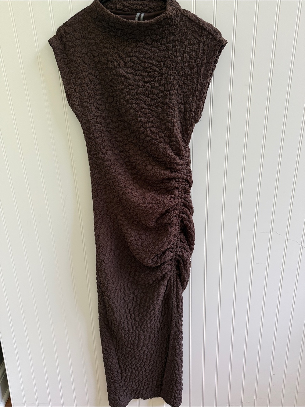 (363)Anthropologie Brown Textured Midi Dress with Side Ruching